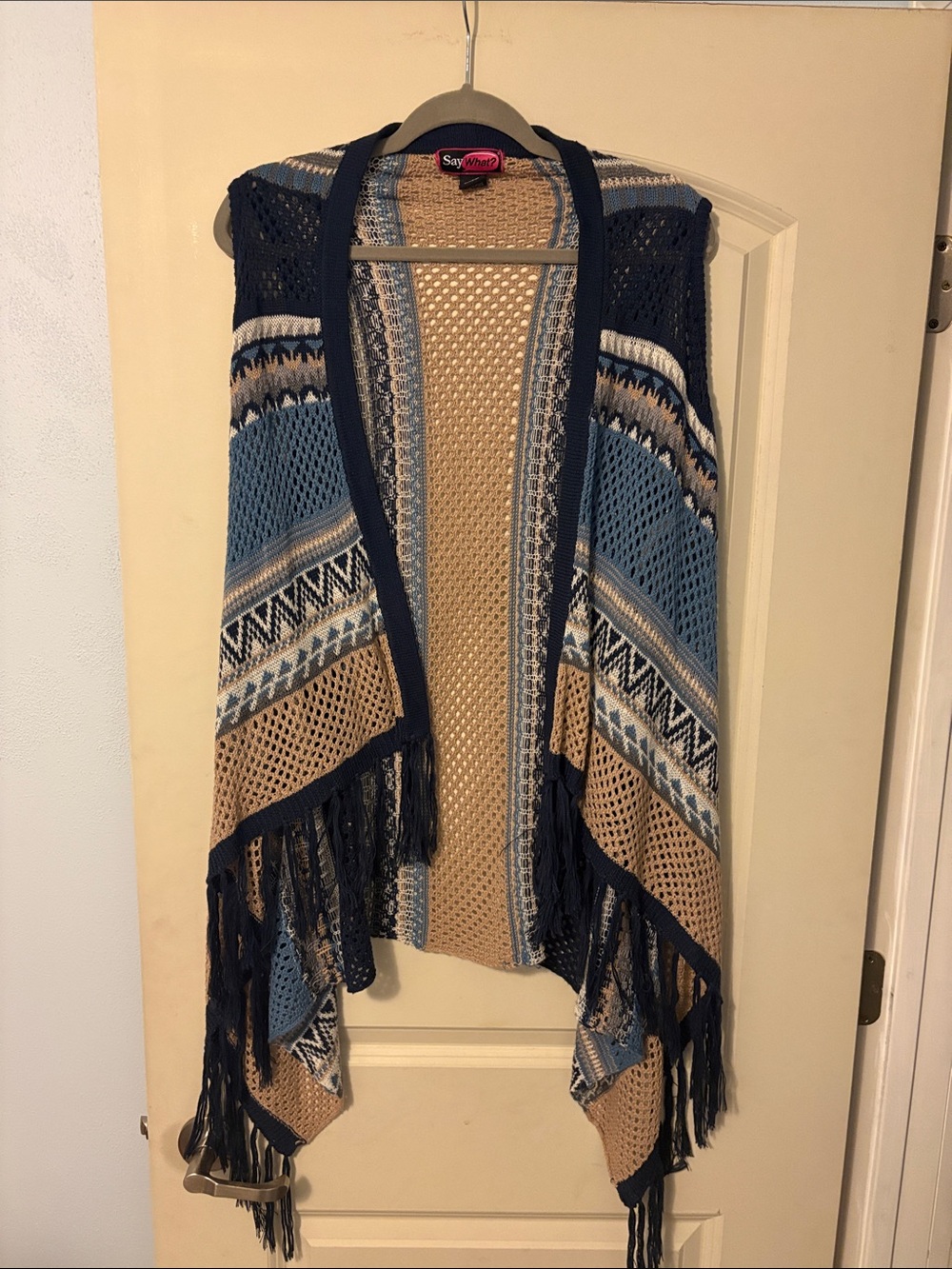 Say What? Blue Tan Navy Fringe Knit Cardigan